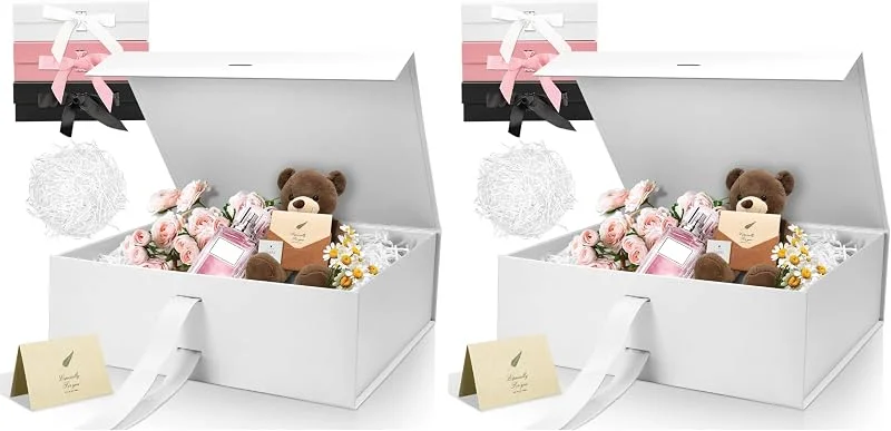 Besuche den Sekepingo-Store Weiß Luxus Große Magnet-Geschenkbox, 32, 5 * 23 * 10, 5cm Geschenkbox mit Band, Papier& Grußkarte Party Favor Box für Hochzeit, Geburtstag & Muttertag (Packung mit 2) — Geschenkverpackung