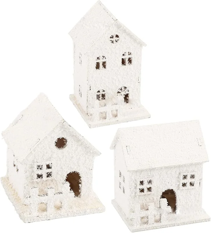 Marke: Hbbgdiy Weihnachtsdorfhäuser, 3 Stück, LED-beleuchtete weiße Schneehäuser aus Holz, Winterferien, Weihnachtsdorf-Dekoration für Zuhause, Tischsims, Kamin, Display — Weihnachtsdeko