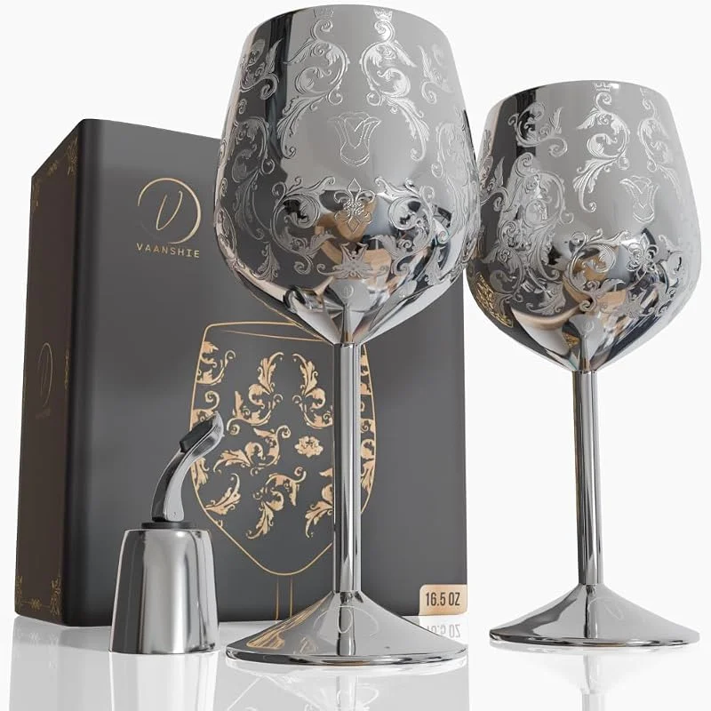 Marke: vaanshie Muttertagsgeschenk für Mama - Set mit 2 silberfarbenen Edelstahl-Weingläsern, 480 ml, gravierte Kelche mit Flaschenverschluss, unzerbrechliche elegante Weinbecher, Geschenk für Frauen — Wein und Festtafel