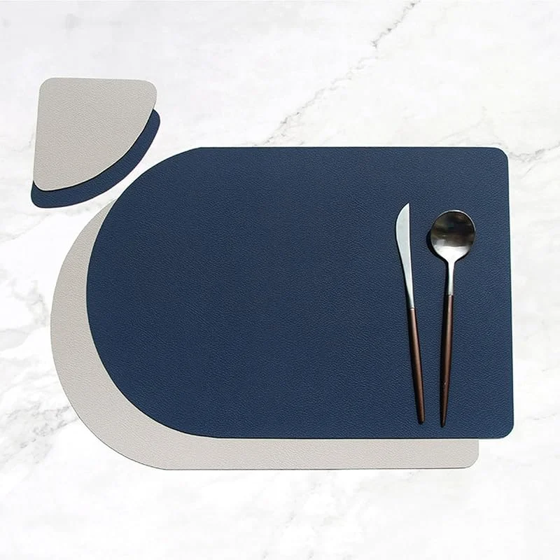 Besuche den Epinki-Store Epinki Tischsets Abwaschbar Mit Motiv mit Untersetzer Oval, 2er Set 30x44CM Platzsets Abwaschbar Vintage Umkehrbar Zweifarbig Einfarbig aus PU Leder, Tischmatte Schreibtisch Marineblau Grau — Küche & Haushalt