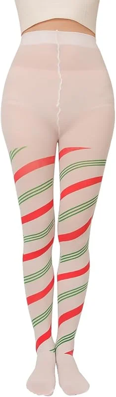 Marke: Ddujbtp Mehrfarbige gestreifte Strumpfhose, Weihnachtsstrumpfhose, Urlaub, Party, Oberschenkelhohe Strümpfe, Strumpfwaren, Cosplay, Kostüm, Zubehör, gestreifte Strumpfhose — Weihnachtsmode