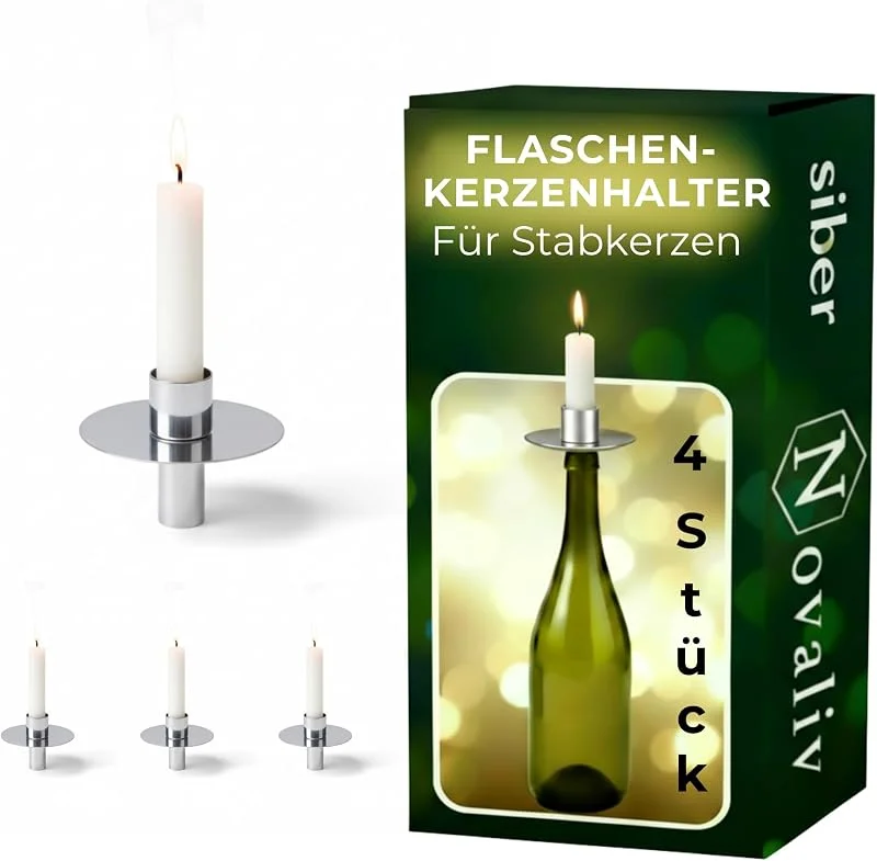 Besuche den Novaliv-Store Novaliv 4X Kerzenhalter Flasche I Silber I Metall I Kerzenhalter Flaschenaufsatz für Kerzen Flaschenkerzenhalter Stabkerzen Kerzenständer Silber Stabkerzenhalter Glas Candle Holder Stabkerzentüllen — Kerzenlicht Abendessen