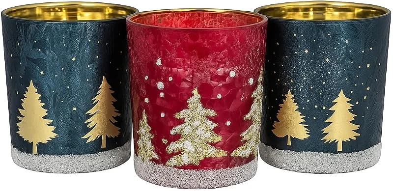 Marke: khevga khevga Windlicht Weihnachten Winter aus Glas im Set Schwarz Weiß Gold Silber (Blau_Rot_Tanne, 3er Set) — Kerzenlicht Abendessen
