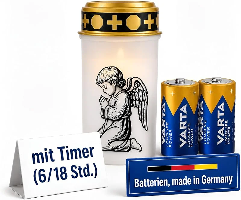 Besuche den Fachhandel Plus-Store LED Grablicht mit Timer 6, 18 Std Motivwahl Grabkerze LED mit Batterie inklusive 2x Varta Longlife C LR14 für Friedhof Gedenkplatz und Außenbereich (Weiß, betender Engel) — Kerzenlicht Abendessen