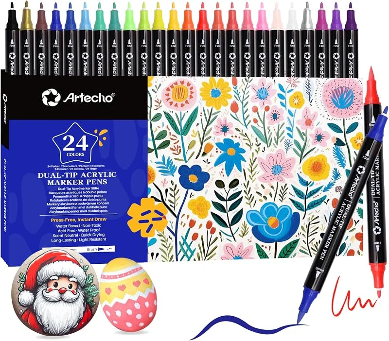 Besuche den Artecho-Store Artecho Acrylstifte 24 Farben, 0.5-5mm Wasserfester Dual Tip Marker — Wein und Festtafel