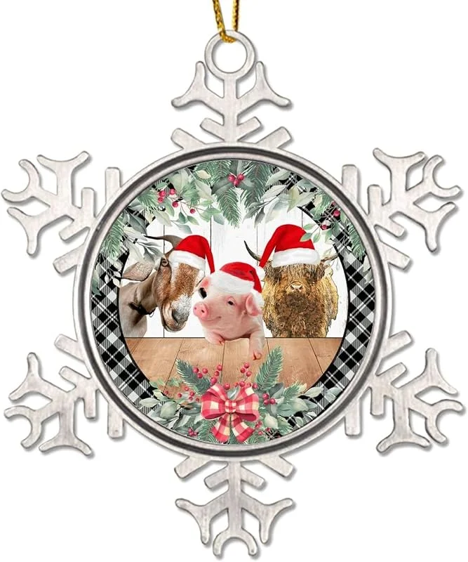 Marke: CowkissSign Weihnachtskranz, Bauernhoftier, Kuh, Schwein, Weihnachtsschmuck, Grau, Schwarz, kariert, Weihnachtskranz, zum Aufhängen, 7, 6 cm, Schneeflocke, Metallornamente, hängende Anhänger — Weihnachtsdeko