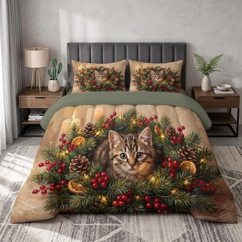 Marke: WunM Studio Bettdecke ohne Bezug 200x200cm 4 Jahreszeiten, Weihnachtskranz aus Kiefernholz Muster Wende Steppdecke Ganzjahresdecke, Tiere und Katzen Bettdecke Sommer Hautfreundlich Waschbar mit 2 Kissenbezug — Weihnachtsdeko