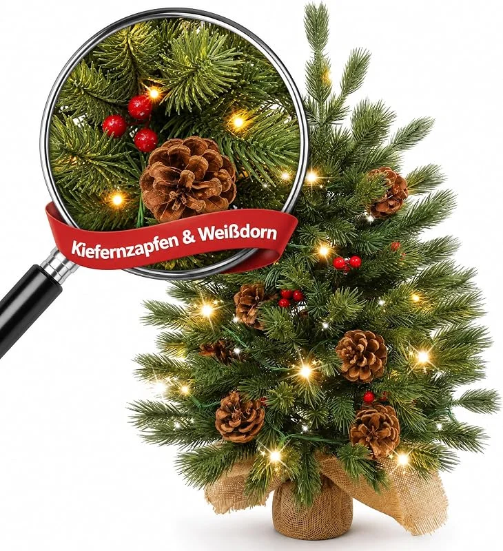 Marke: Suusolny 60cm Mini Weihnachtsbaum Künstlich Klein mit LED Beleuchtung Desktop Deko Tisch-Weihnachtsbäume für Weihnachtsdeko - mit Rote Früchte&Tannenzapfen