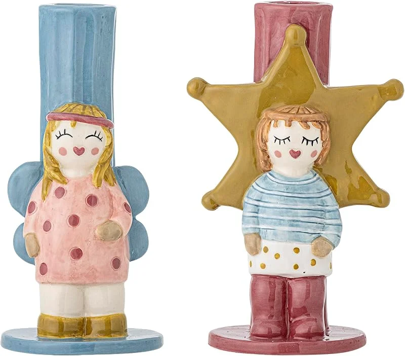 Bloomingville Bisby Kerzenhalter Bunt Steingut 2er Set — Kerzenlicht Abendessen