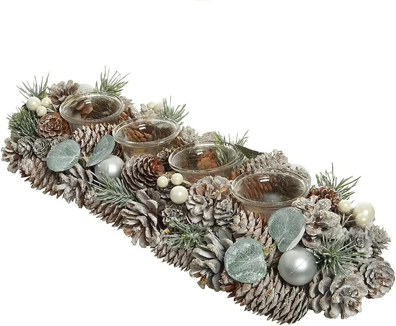 Marke: Decoris Decoris Adventsgesteck 45cm mit Teelichter Glas mit Schnee Kerzenhalter Adventskranz länglich grün weiß — Advent und Tisch