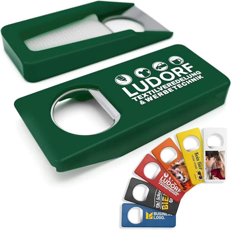 Besuche den #teamludorf-Store Personalisierte Flaschenöffner mit Verschluss (100 Stück, Grün) – Mit eigenem Foto, Logo & Text bedruckbar – Nachhaltig aus Recycling-Kunststoff — Wein und Festtafel