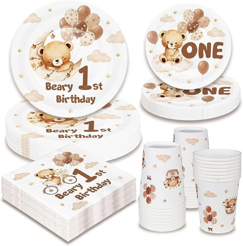 Besuche den WenmthG-Store WenmthG 1. Geburtstag Junge Deko Partygeschirr Set, 100 Stück 1. Geburtstag Deko mit Servietten, Pappteller, Becher Teddybär-Muster — Advent und Tisch