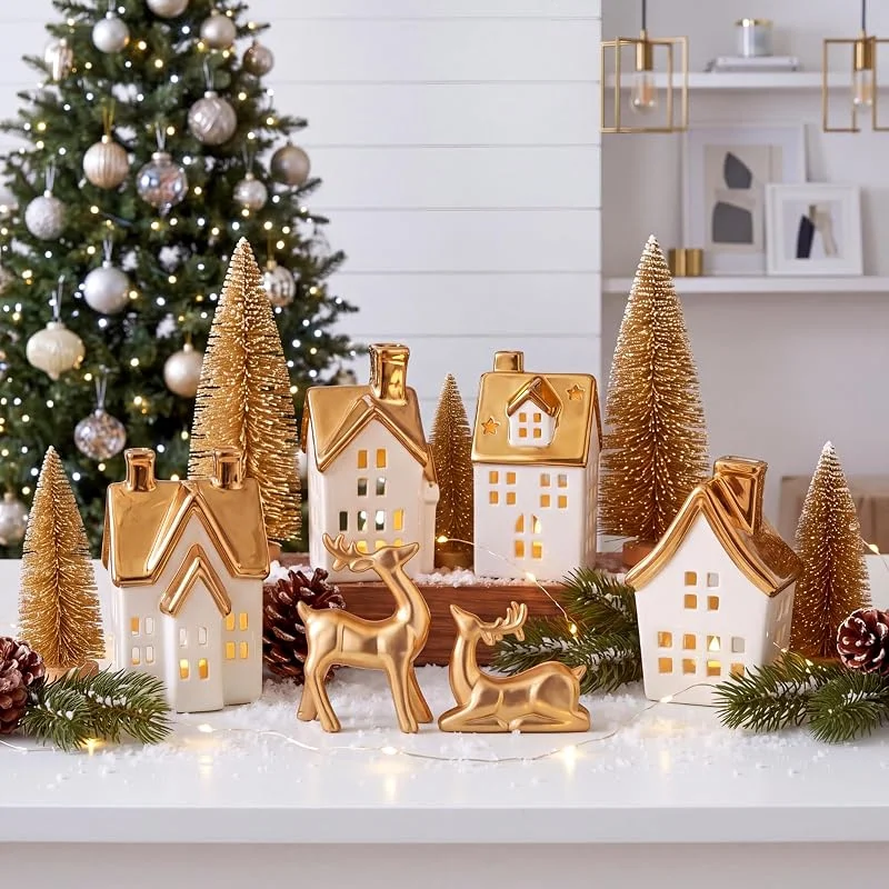 Marke: Fuutreo Fuutreo Weihnachtsdorf-Set, Keramik, goldfarben, 11 Stück — Weihnachtsdeko