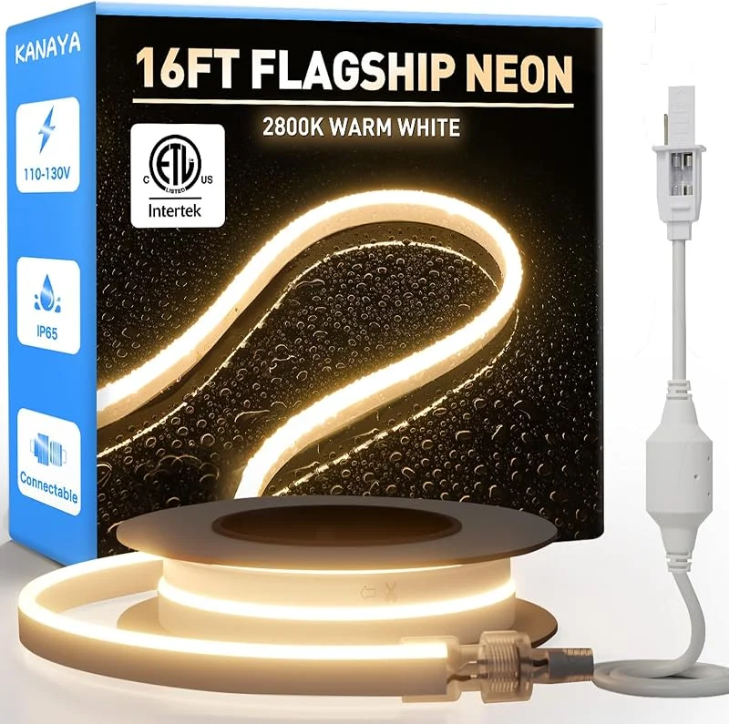 Marke: KANAYA KANAYA LED-Neon-Lichterkette, ETL-gelistet, AC 110 V-120 V, anschließbar, schneidbar, IP65 wasserdicht, für den Innen- und Außenbereich, Wohnbereich, kommerzielle Dekoration, 2800 K Warmweiß, 4, 8 m — Weihnachtsbeleuchtung