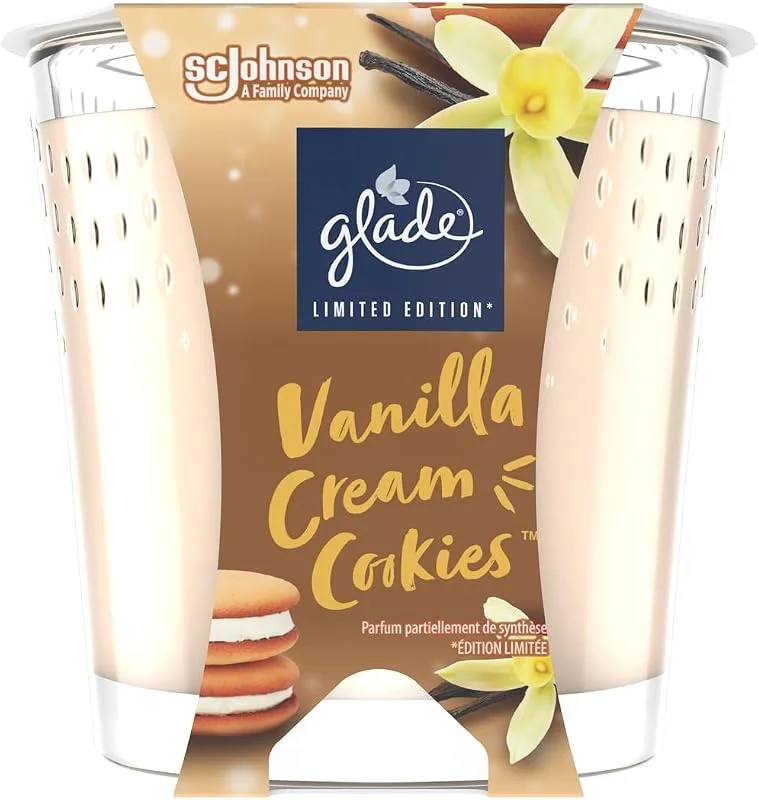 Besuche den Glade-Store Glade Duft-Kerze im Glas Vanilla Cream Cookies, bis zu 27 Stunden Brenndauer, 6er Pack (6x112g) — Kerzenlicht Abendessen