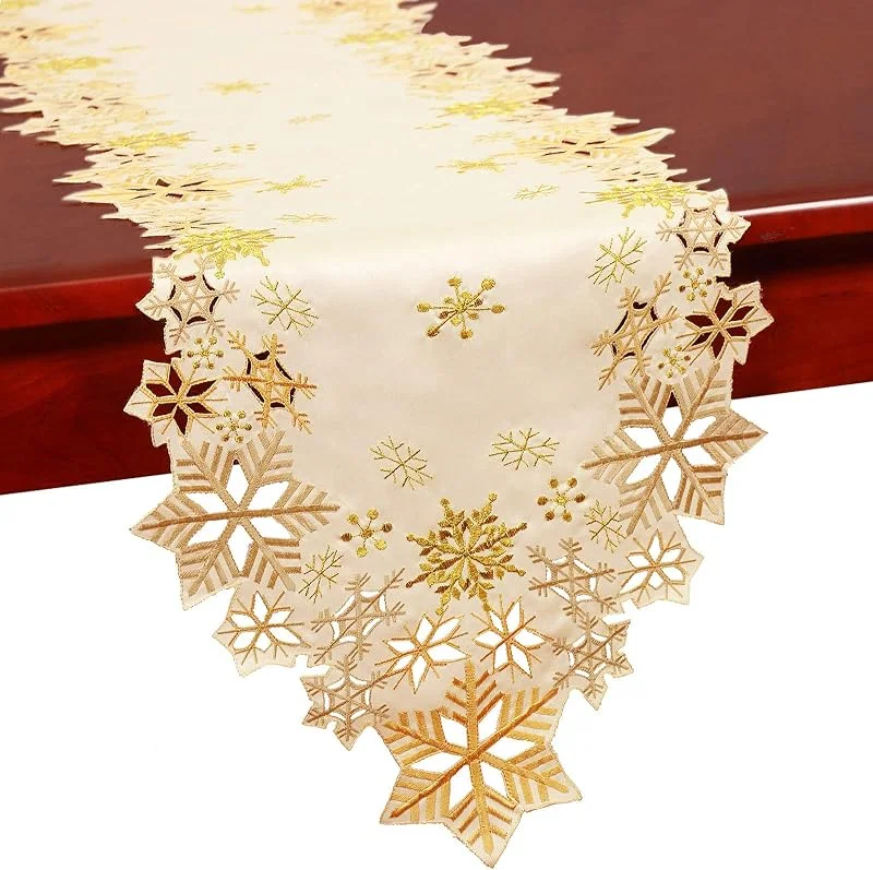 Marke: Simhomsen Simhomsen Bestickte Schneeflocken Tischläufer für Weihnachten, Urlaub und Winter (Gold, 35, 6 x 137, 7 cm) — Küche & Haushalt