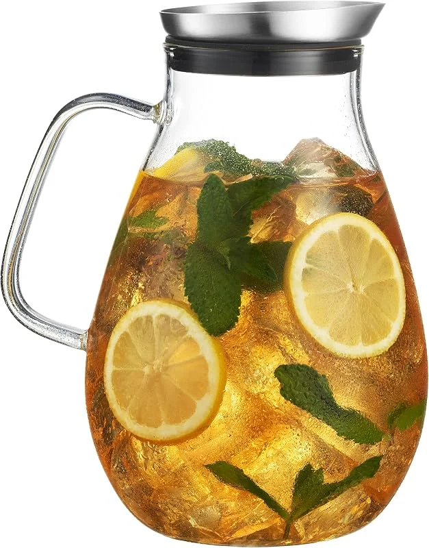 Marke: MITBAK Glaskrug mit Edelstahldeckel, schöne leichte Karaffe mit breitem Griff, ideal für kalte und heiße Getränke wie Tee, Limonade, Saft, Wasser, Kaffee, Kaltgebrüh — Wein und Festtafel