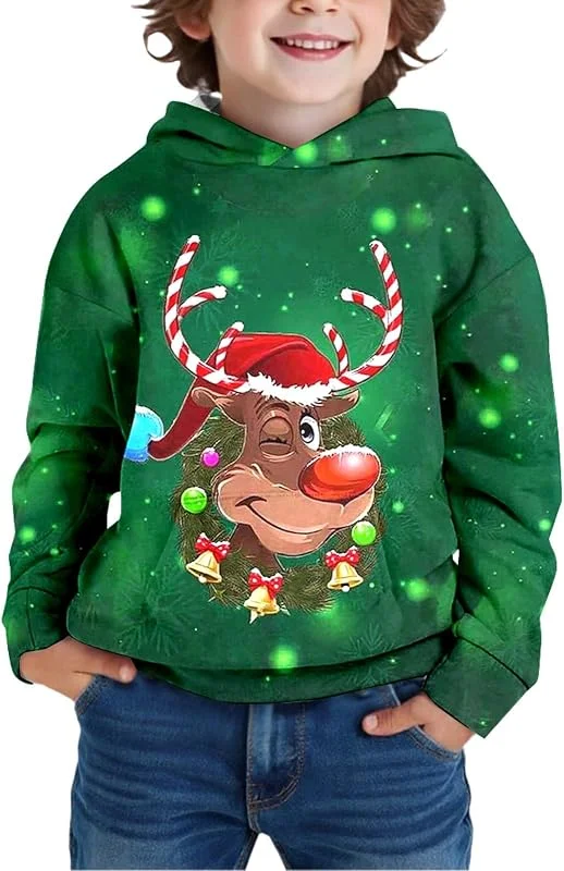 Marke: Generisch Generisch Weihnachtspullover Jungen Hoodie Reindeer 3D Druck Weihnachtspulli Lustige Kinder Pullover Casual Kapuzenpullover Sweatshirt mit Kapuzen warme Weihnachtshoody Langarmshirt — Weihnachtsmode
