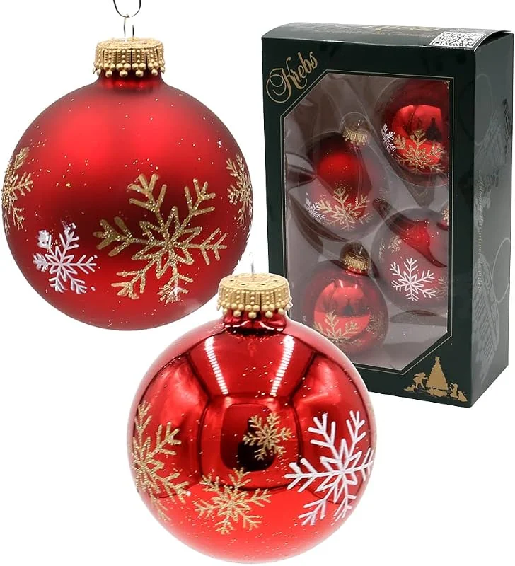 Besuche den Dekohelden24-Store Dekohelden24 Lauschaer Christbaumschmuck - 4er Set Glaskugeln in Rot matt und glänzend, handdekoriert mit Schneeflocken, mit Goldkrönchen, Größe Ø ca. 7 cm — Weihnachtsdeko