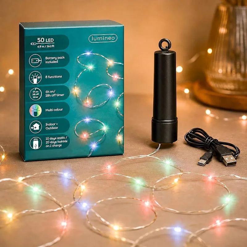 Marke: Lumineo LED Draht Lichterkette 4, 9m Duracharge 50 Micro-LEDs Silber, Bunt — Weihnachtsbeleuchtung