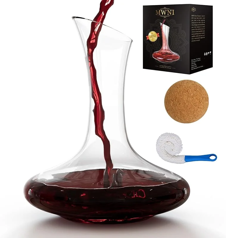 Marke: MWNI Weindekanter und Karaffen, bleifreies Kristall-Weindekanter-Set mit Stopper und Bürste, verwendet als Weinbelüfter, Weinkaraffe, Rotweindekanter, Glasdekanter, Weinzubehör, Weingeschenke (1800 — Wein und Festtafel