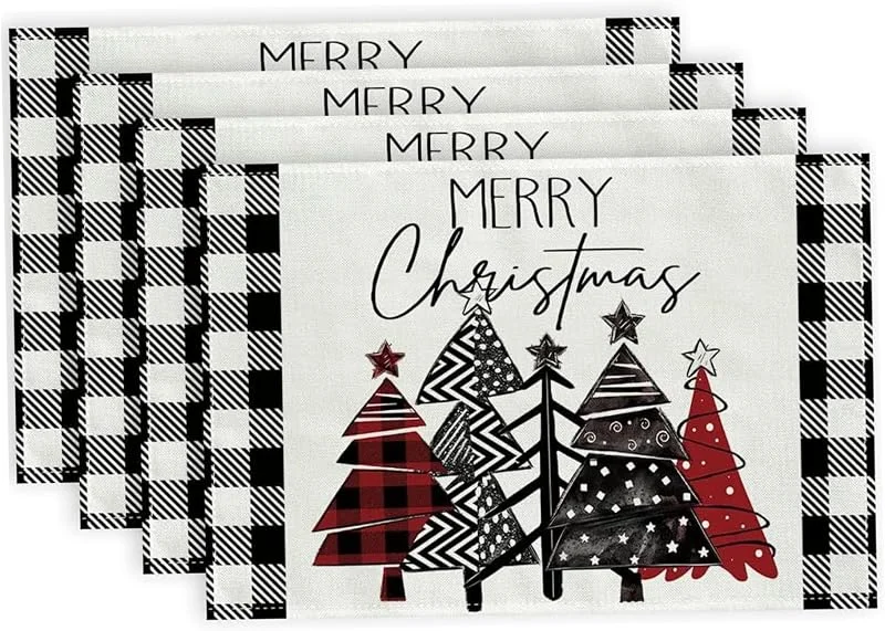 Marke: Hintyne Tischsets 4-teiliges Weihnachts-Platzset 30 x 45 cm schwarz-weiß kariert Leinen-Tischset mit Weihnachtsbäumen für die winterliche Weihnachtsdekoration in Küche und Zuhause — Küche & Haushalt