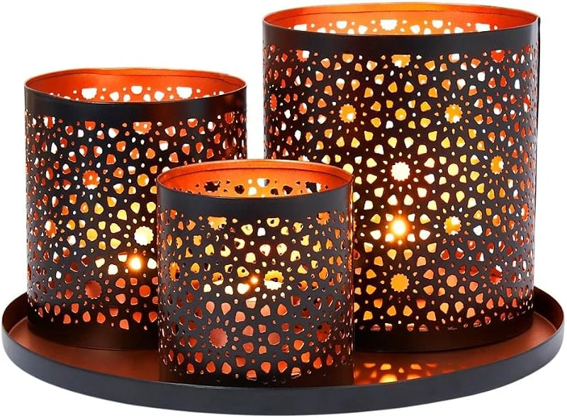 Besuche den Marrakesch Orient & Mediterran Interior-Store Windlicht Set 5: Tablett und DREI Windlichter, Eisen, Schwarz 25, 5 cm — Kerzenlicht Abendessen