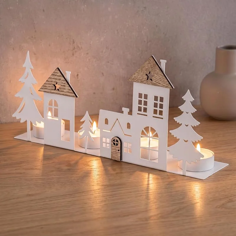 Besuche den levandeo-Store Teelichthalter Häuser Weiß 4 Kerzen MDF Holz Metall Weihnachten Advent — Advent und Tisch