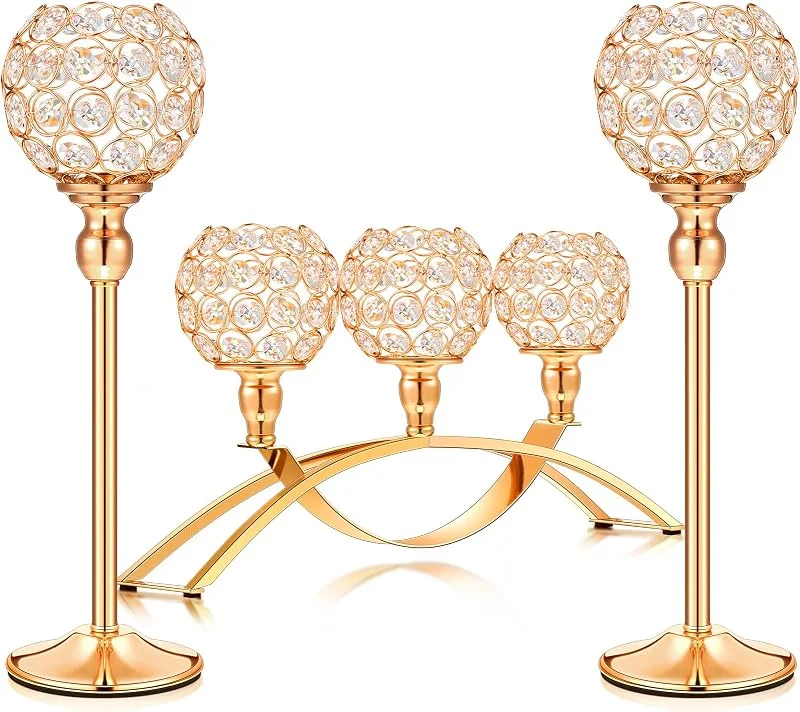 Marke: Honeydak Set mit 3 Stück Gold Kristall Kerzenhalter, Teelicht Kerzenständer mit 3 Armen, dekorative Tischaufsätze, Kamin, Zuhause, Wohnzimmer, Dekoration für Hochzeit, Einweihung, Jahrestag — Kerzenlicht Abendessen