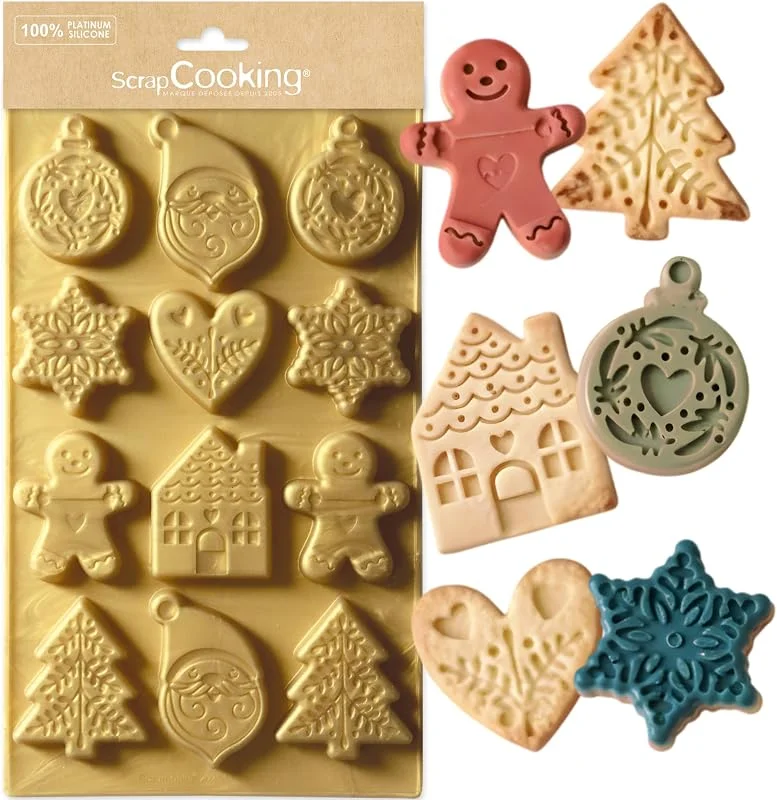 Besuche den ScrapCooking-Store ScrapCooking - Silikonform Weihnachtskekse - 12 Formen für Plätzchen, kleine Kuchen, Schokolade & Shortbread - Flexible Backform - Ofen- & Gefriergeeignet - Gold - 2987 — Weihnachtskueche