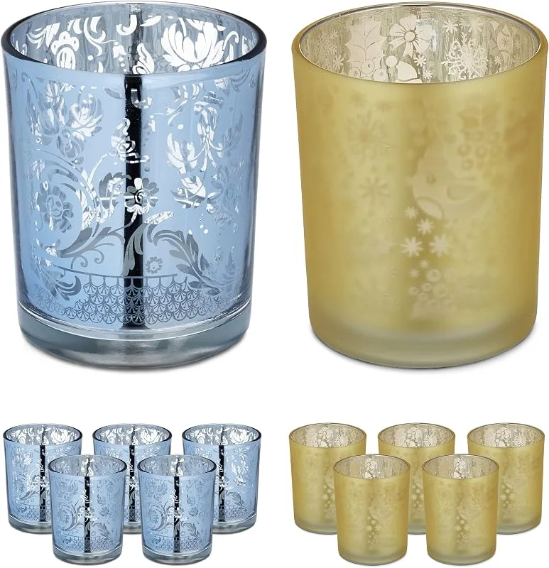 Besuche den Relaxdays-Store Relaxdays Teelichtgläser, 12er Set, Teelichthalter aus Glas, ganzjährig, Votivgläser, HxD: 8, 5 x 7 cm, Deko, Gold, Silber — Kerzenlicht Abendessen