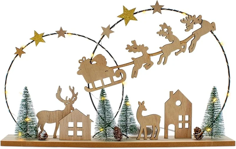 Besuche den Spetebo-Store Spetebo LED Deko Aufsteller Holz mit Weihnachts Motiv - 40 x 25 cm - Silhoutten Bild Weihnachtsmann mit Schlitten warm weiß beleuchtet - Weihnachts Tischdeko Fensterdeko Deko inklusive Batterie — Advent und Tisch