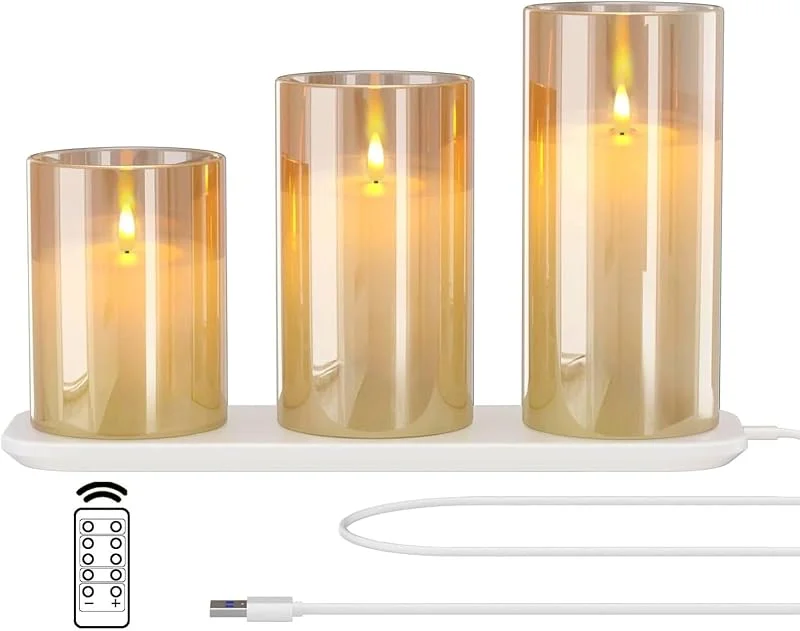 Besuche den EXTSUD-Store EXTSUD LED Flammenlose Kerzen Flackern mit Ladestation und Fernbedienung, 3er Set Led Kerzen aus Glas Wiederaufladbare Flamme Kerzenlicht mit timerfunktion Romantische Valentinstag Deko Wohnzimmer Gelb — Kerzenlicht Abendessen