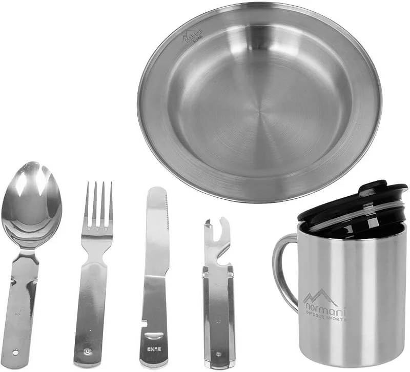 Besuche den normani-Store Outdoor Kochgeschirr Besteck-Set Campinggeschirr 8-Teiliges Edelstahl Reisebesteck - Outdoor Teller - 5-1 Bundeswehr Besteck - Thermotasse mit Deckel und Dosen- Flaschenöffner — Wein und Festtafel