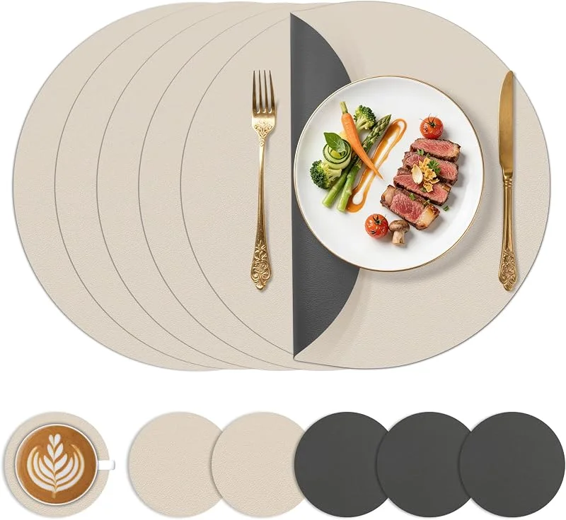 Besuche den KitchenBoss-Store KitchenBoss Tischsets Abwaschbar Platzsets Ø 38cm, 6er Rund Platzdeckchen Lederoptik mit Untersetzer Hitzebeständig Doppelseitigen Wasserdicht, Anthrazitgrau + Beige — Küche & Haushalt