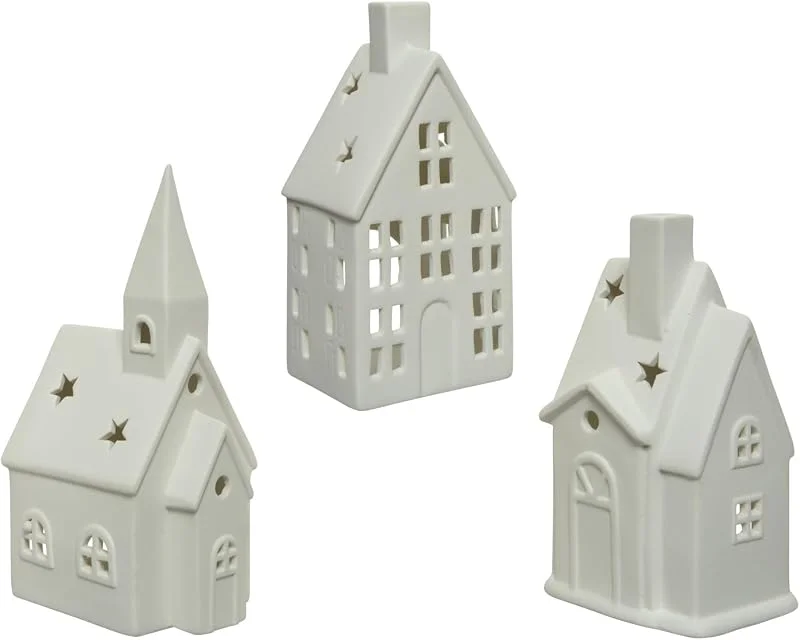 Marke: Kaemingk Teelichthalter Porzellan 16cm - Windlicht Laterne in Haus Form - 1 Stück Sortiert - Teelicht Kerzenhalter für Weihnachten - Tischdeko Tischlaterne Weiß — Advent und Tisch
