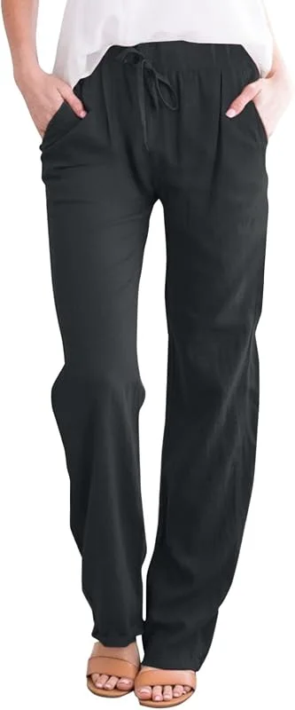 Marke: YUE YUE Hose Damen Sommer Casual Baumwolle Leinen Stoffhose Frauen Straight Weite Beine Hose Elastisch Hohe Taille Freizeithose Bequeme Sporthose Luftige Sommerhosen Streetwear für Mädchen — Heizkleidung