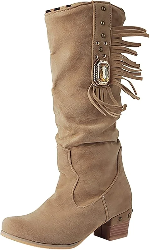 Marke: Woaikeyu Modische Damen-Stiefel mit Absatz, Wildleder, dicke Farbe, mit Fransen, solide Strass, Stiefel für Damen, Stiefel, Schwarz, Absatz — Heizkleidung