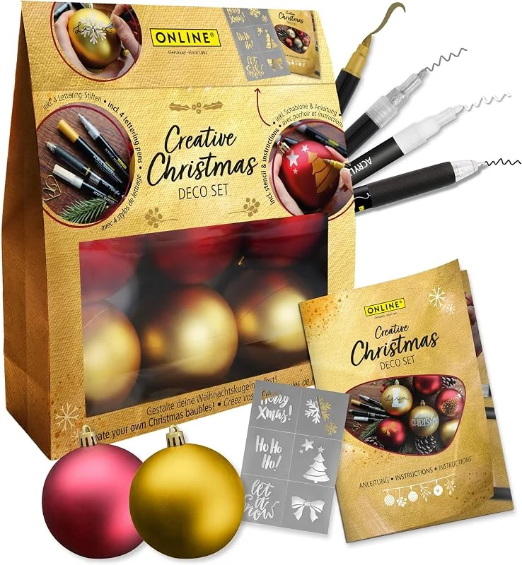 Besuche den Online-Store ONLINE Creative Christmas Deco Set Weihnachtskugeln zum Bemalen, 6 Matte Christbaumkugeln Rot & Gold Ø 8 cm, 4 Acryl Marker, Schablone, Anleitung, DIY Weihnachtsdeko Bastelset