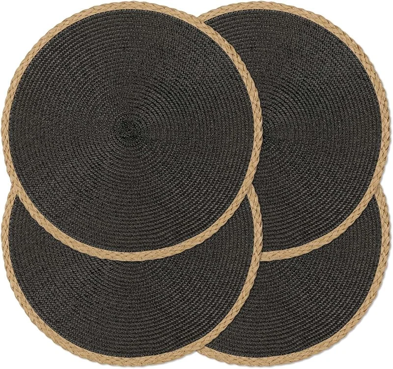 Marke: Noctiflorous Noctiflorous Geflochtene runde Tischsets, 4er-Set, 38, 1 cm, gewebte Tischsets, rutschfest, waschbar, schmale Ränder, Platzsets für Küche, Esstischdekoration (Schwarz, 4) — Küche & Haushalt