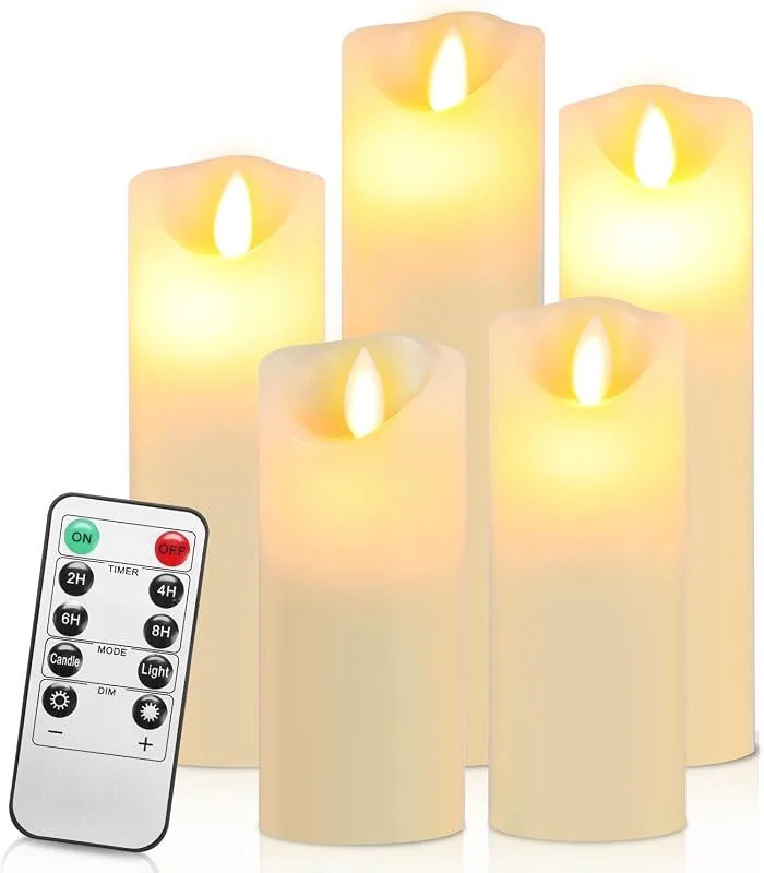 Besuche den Randaco-Store Randaco Led Kerzen Mit Timerfunktion, Flackernde Echtwachs Mit 10-Tasten Fernbedienung, 5er Set 13, 14, 16, 18, 20CM Flammenlose-Kerzen (Elfenbein) — Kerzenlicht Abendessen