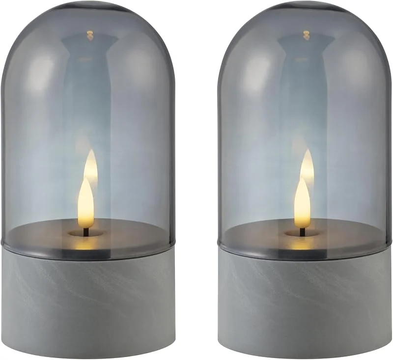 Besuche den Brilliant-Store LED-Kerzen 2er-Set Tischleuchte Illusion, warmweiß 2500 K, akkubetrieben, Rauchglas, grau, dekoratives Flammendesign, kabellos, ideal für Wohnzimmer, Schlafzimmer, Terrasse, stimmungsvolles Licht — Kerzenlicht Abendessen