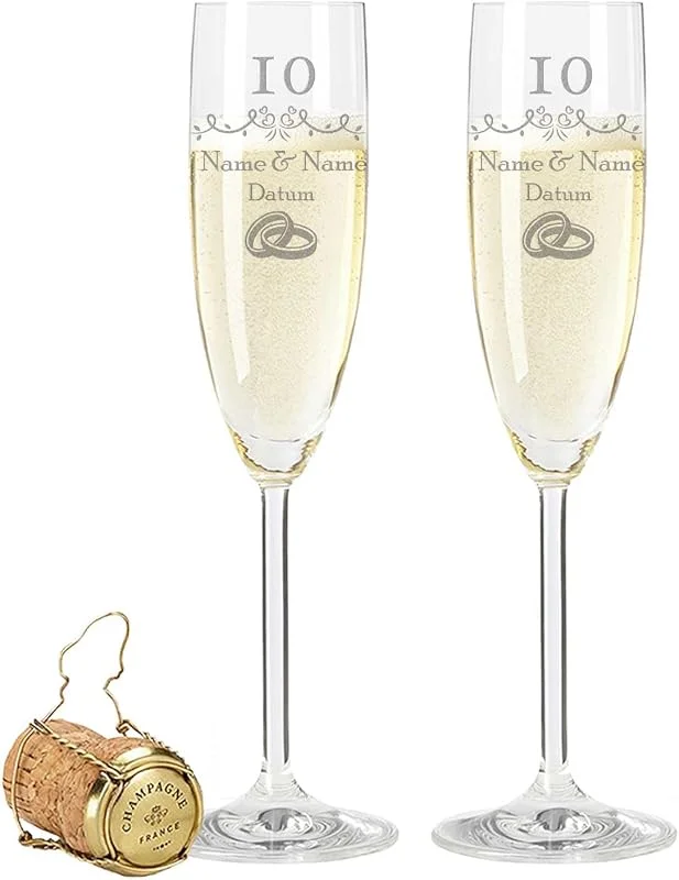 Besuche den GRAVURZEILE-Store GRAVURZEILE Sektgläser mit Gravur - Rosenhochzeit 10 Jahre - Personalisiert mit Namen & Datum - Geschenk für Sie & Ihn zur Hochzeit Verlobung Jahrestag — Wein und Festtafel