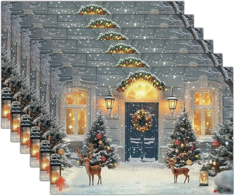 Marke: GDJSMIN 2er Set Platzset Weihnachten Tischset Weiß Weihnachten Leinen Platzdeckchen 30x45cm Weihnachtsszene Tischsets mit Schneebedeckte Bäume Hirsche Weihnachtsdeko — Küche & Haushalt