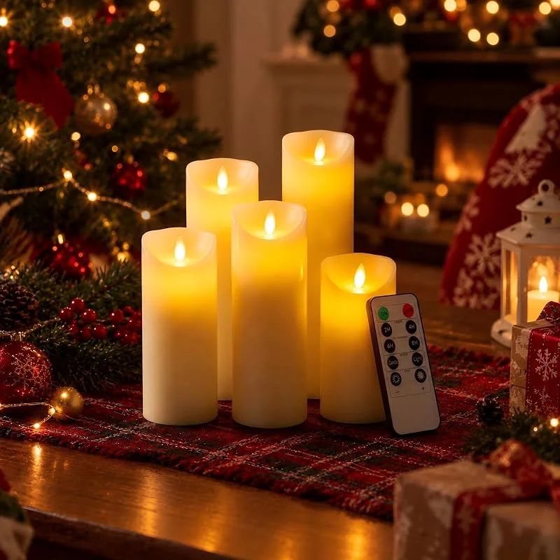 Besuche den CCLIFE-Store CCLIFE LED Kerzen Echtwachs 5er Set mit Fernbedienung Timer Funktion Echtwachs flammenlose Batteriebetrieb — Kerzenlicht Abendessen