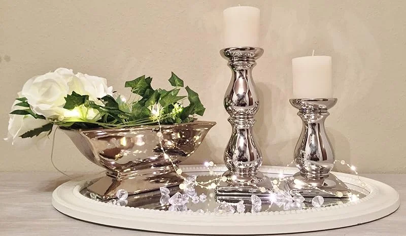 Besuche den DRULINE-Store 16 cm Keramik Kerzenständer Silber Kerzenhalter für Stabkerzen Kerzenleuchter Silber Stumpenkerzenhalter Weihnachtsdeko Teelichthalter Deko Silber Kerzenständer Stumpenkerzen Stabkerzenhalter Tisch — Kerzenlicht Abendessen