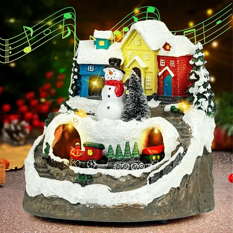 Marke: Futetui Weihnachtsdorf-Figuren aus Kunstharz, mit drehendem Zug, LED-Lichtern, Sammlerstücke, architektonische Dekoration, Batterie und USB, Weihnachtsdekoration, Dekoration für den Innenbereich, Dekoration