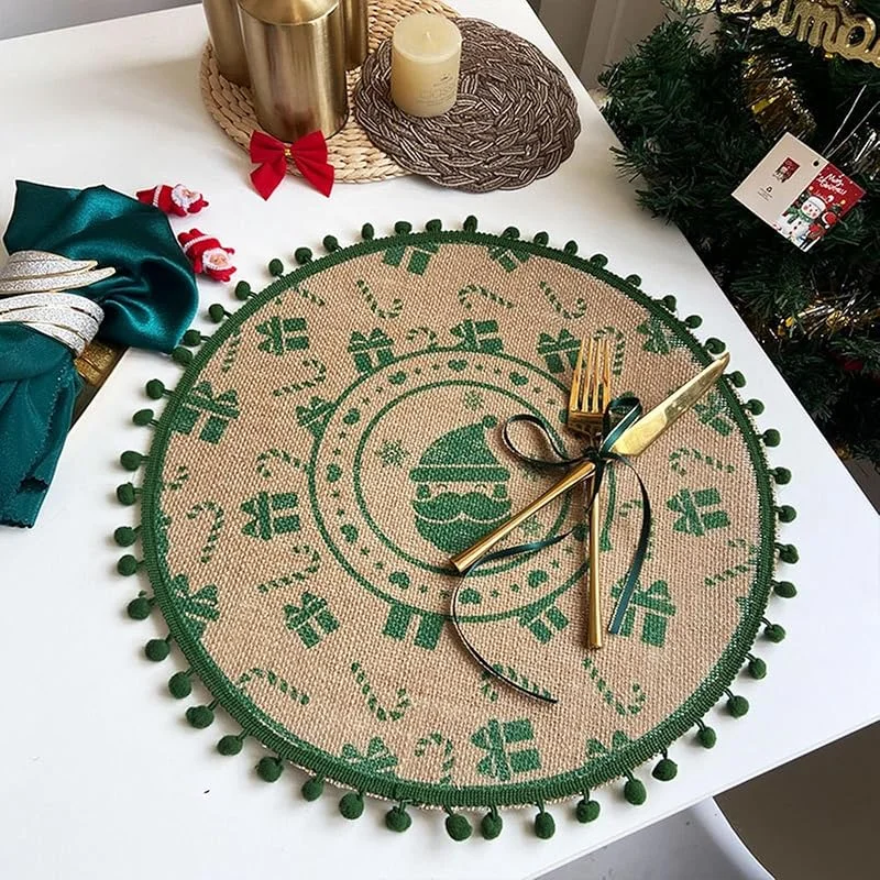 Besuche den Epinki-Store Epinki Tischsets Abwaschbar Motiv Rund, 2er Set Leinen Platzset Weihnachten Modern Weihnachten Santa Claus Muster mit Kugel, Tischuntersetzer Weihnachten Grün für Zuhause Restaurant, 38CM — Küche & Haushalt