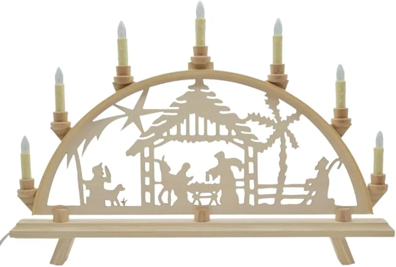 Besuche den Erzwelt-Store Lichterbogen DBR55 – Schwibbogen aus Holz – Leuchtbogen mit 7 Kerzen – Original Erzgebirge Fensterbogen – handgemachte Weihnachtsdeko – Motiv Krippe – 55 x 37 x 5 cm