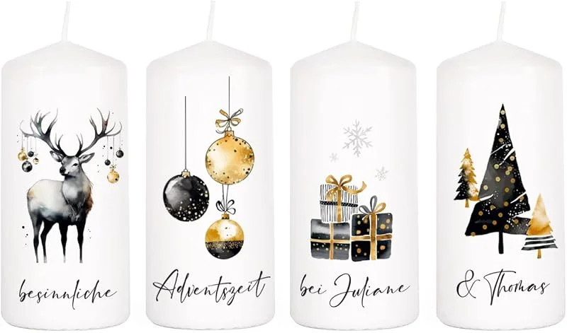 Besuche den Herz & Heim-Store Herz & Heim® 4er Set Adventskerzen mit Wunschtext und stimmungsvollen Motiven — Advent und Tisch